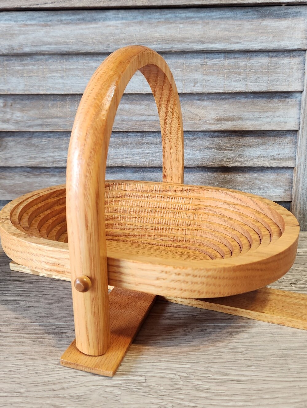 Vintage Wooden Collapsible Folding Wood Oval Fruit Basket with Handle